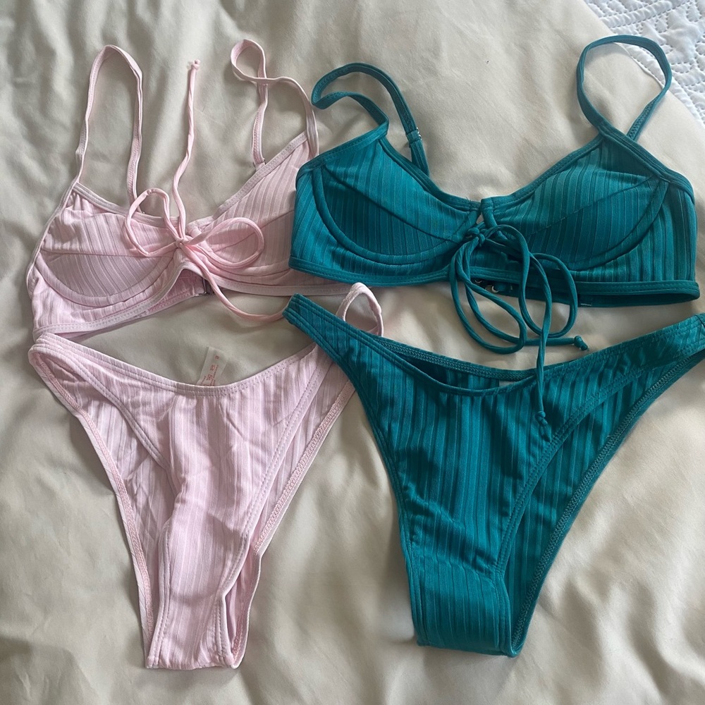 Ribbed bikini set of 2 pink and green